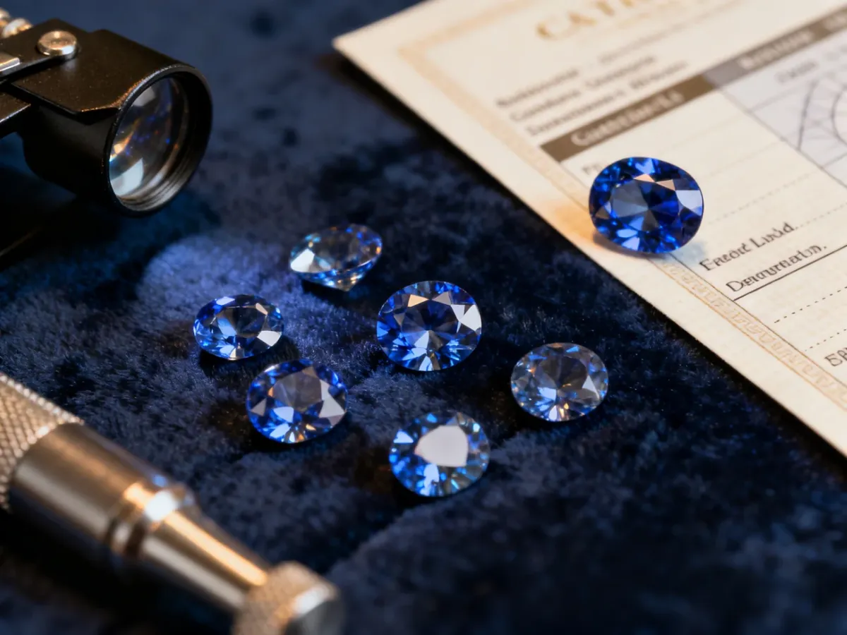 Natural blue sapphires beside a loupe and gemological report