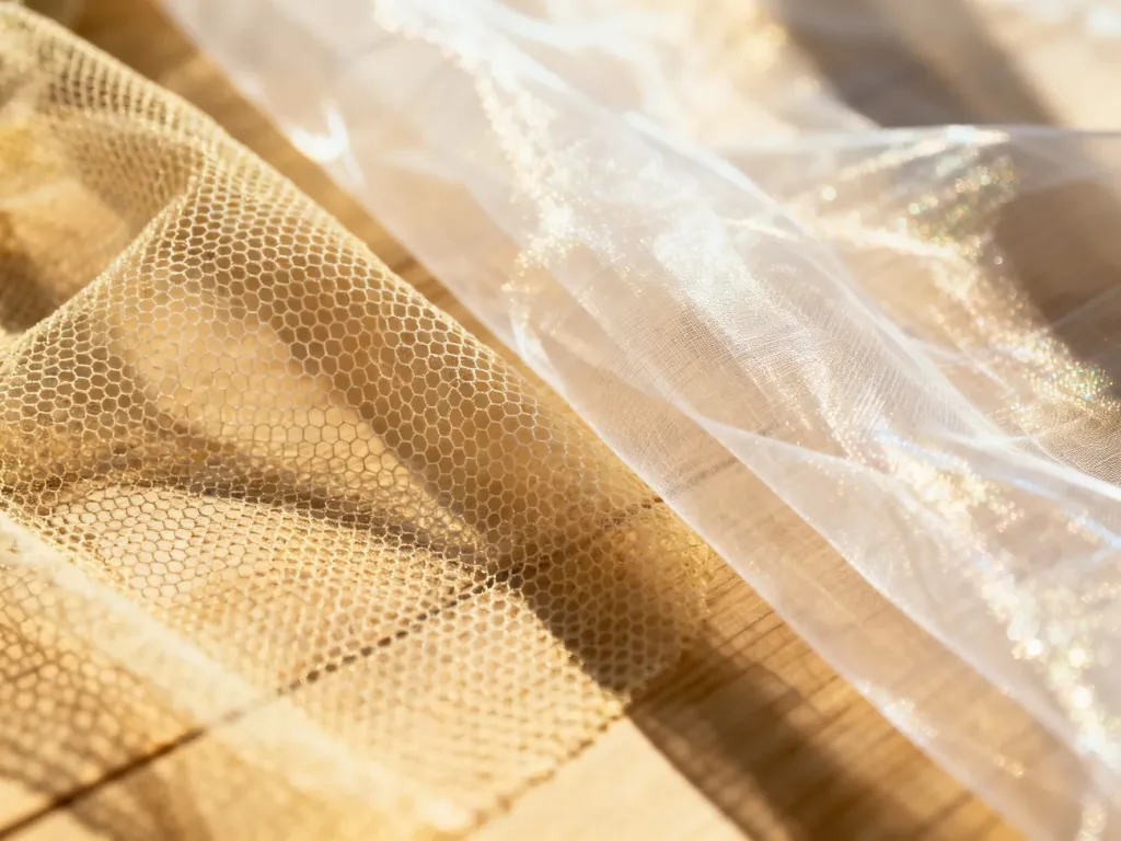 Porównanie faktur tiulu i organzy: delikatna siateczka z lewej strony oraz lekko połyskująca, sztywna organza z prawej.