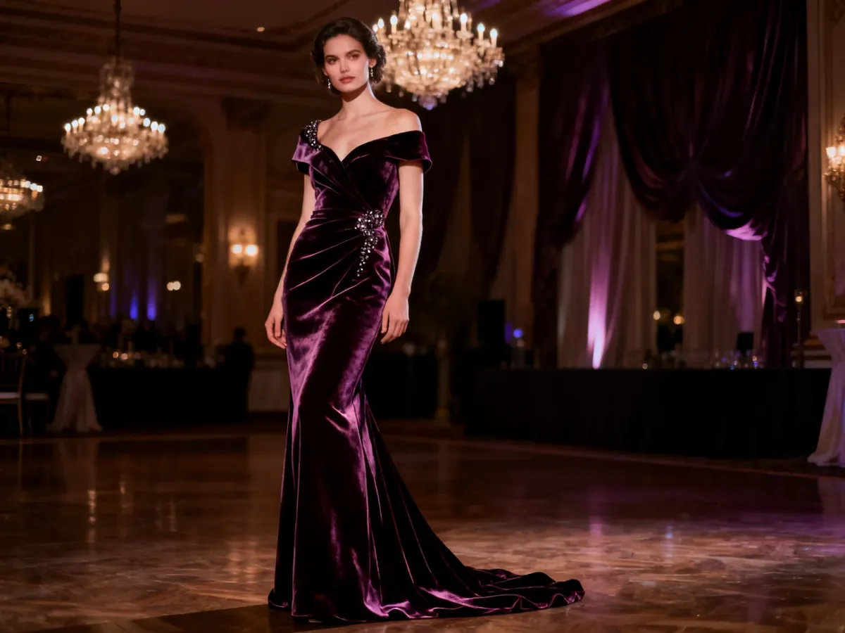 Elegancka długa suknia wieczorowa na tle sali balowej