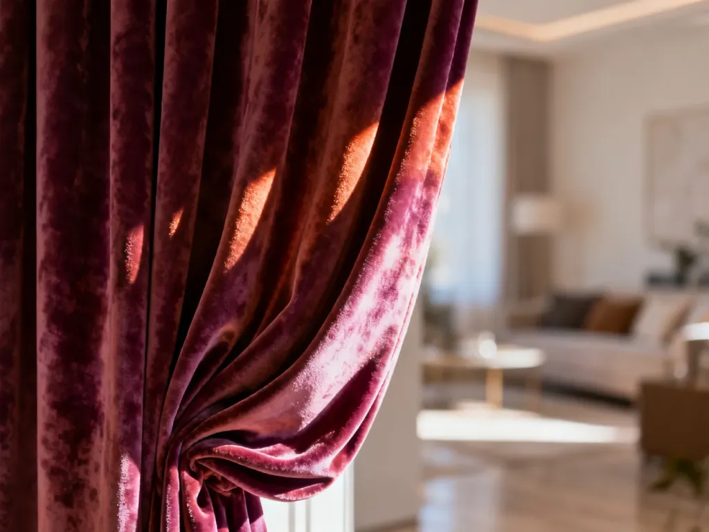 Zbliżenie na miękką, welurową zasłonę w świetle poranka, podkreślające elegancką fakturę i głębię materiału.