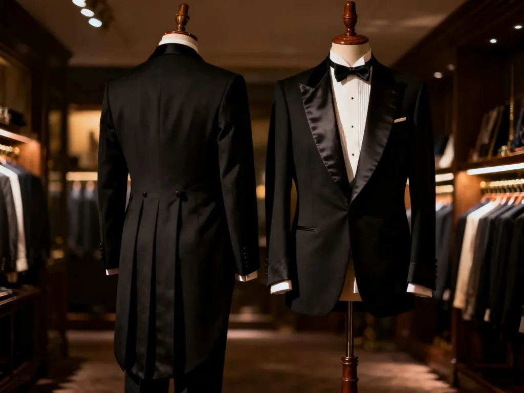Czarny frak z charakterystycznymi połami oraz smoking z jedwabnymi klapami wiszące obok siebie w eleganckim zakładzie krawieckim.