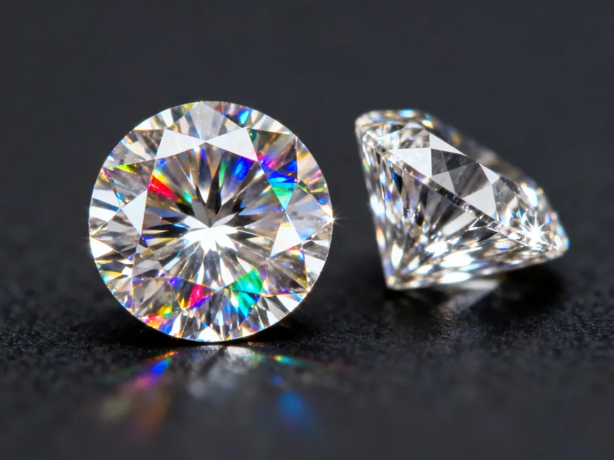 Zbliżenie moissanitu i diamentu ukazujące różnicę w kolorowych refleksach światła