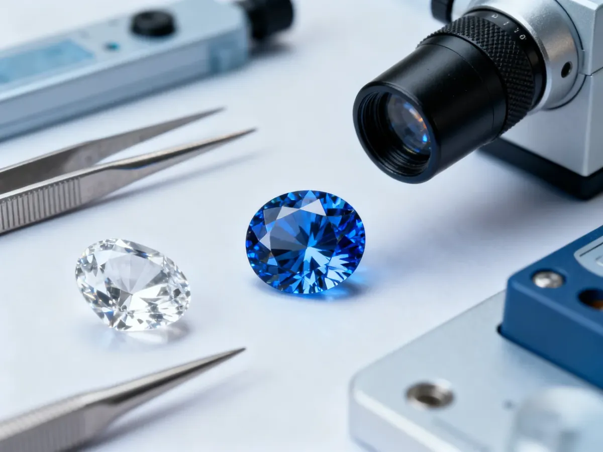 Niebieski topaz i sprzęt gemmologiczny używany do badania kamienia