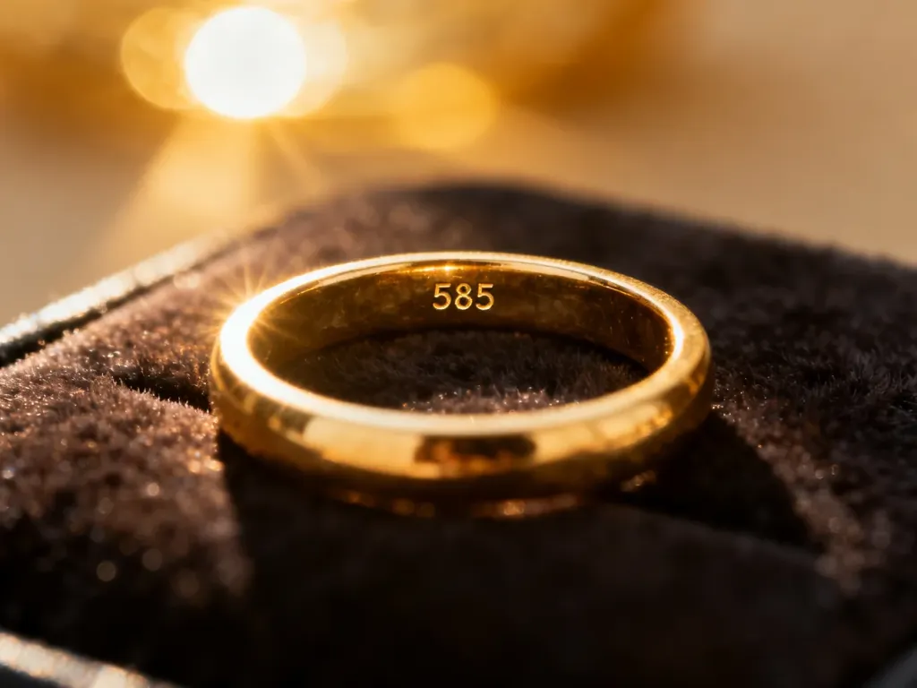 Elegancki złoty pierścionek z wyraźnie widoczną próbą 585 na ciemnym, aksamitnym tle.