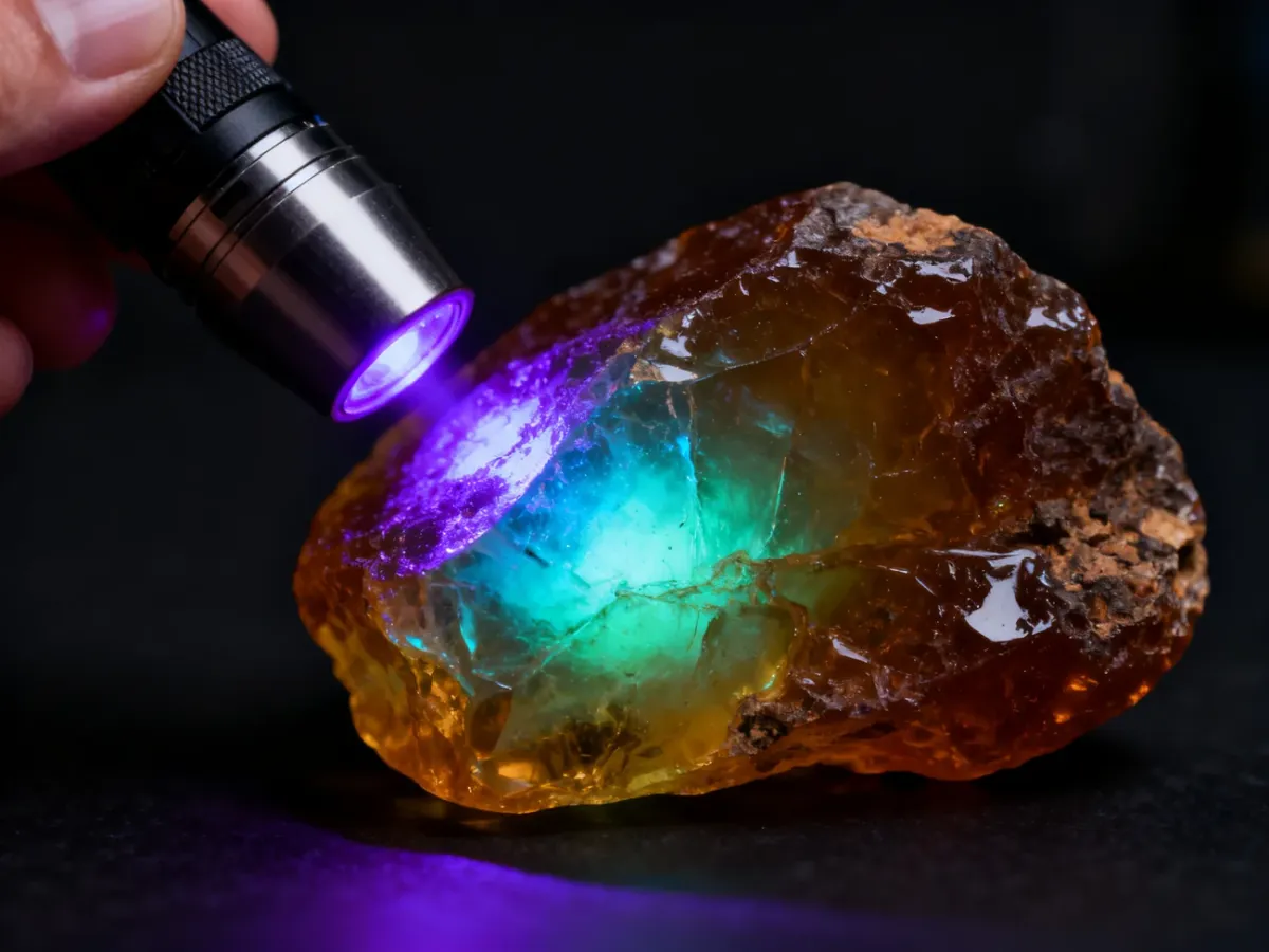 Bursztyn świecący niebieskozieloną fluorescencją w świetle UV