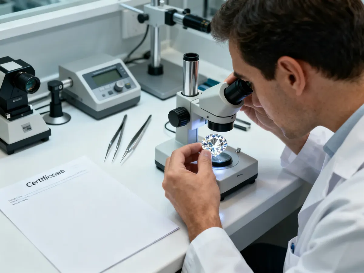 Gemmolog badający diament pod mikroskopem w laboratorium